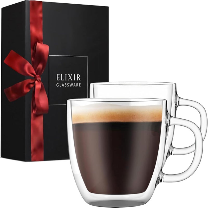 ELIXIR GLASSWARE Large Coffee Mugs, Double Wall Glass Set of 2, 470 ml - Dishwasher & Microwave Safe - Clear, Unique & Insulated with Handle